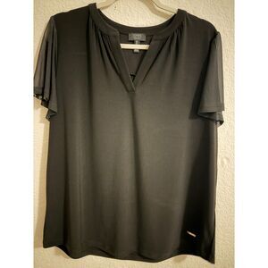 Jones New York Signature Black Mesh Sleeve V-Neck Blouse Top Size L Career
